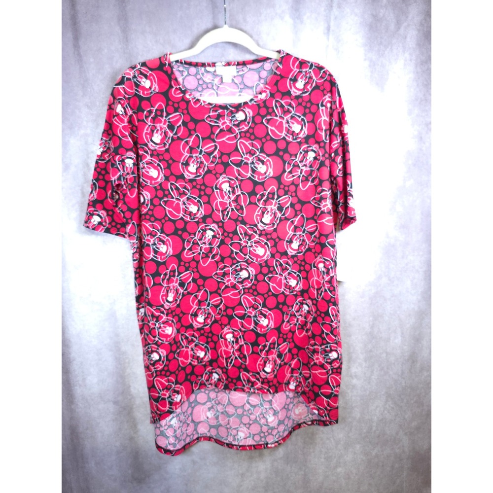 LuLaRoe Irma Tunic Top‎ Women XS Red Black Minnie Mouse Dot Print Short Sleeve
